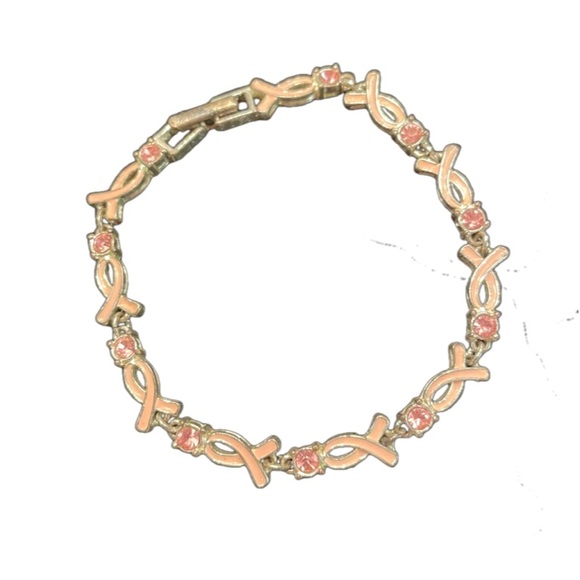 Vtg 8” Avon gold tone Breast Cancer Awareness bracelet w/10 bezel set crystals - Picture 3 of 13